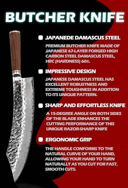 YOUSUNLONG Butcher Knife 12 inch Max Breaking Cimitar Knife - Japanese Hammer Damascus Steel - Natural Walnut Handle with Leather Sheath