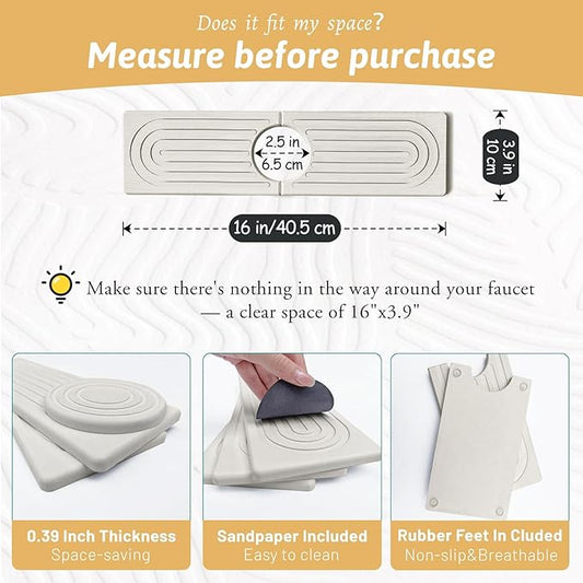 Quick Dry Stone Sink Splash Guard, 16" Extended Diatomaceous Earth Sink Absorbent Faucet Mat, Instant Drying Stone Tray for Kitchen & Bathroom Countertops, Aesthetic Home Decor Gift Women, Ash Grey