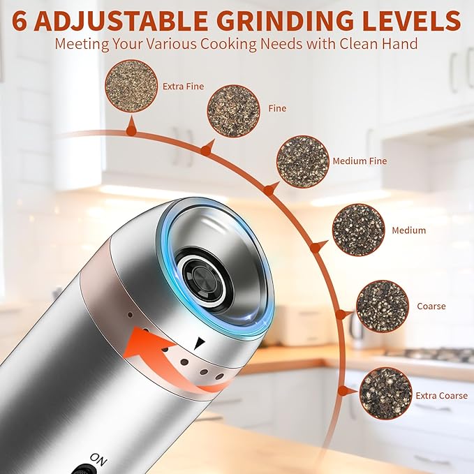 Gravity Salt and Pepper Grinder Set, Automatic Electric Mill Set, Gravity-Sensing, Rechargeable Pepper Grinder Battery Operated, Stainless Steel, Adjustable Coarseness, Kitchen Gadgets Accessories