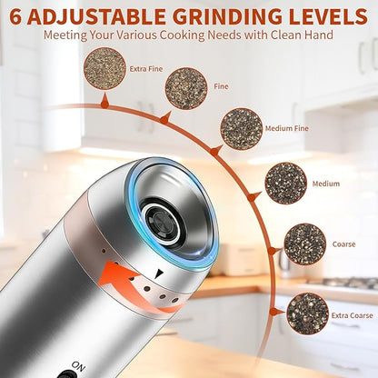 Gravity Salt and Pepper Grinder Set, Automatic Electric Mill Set, Gravity-Sensing, Rechargeable Pepper Grinder Battery Operated, Stainless Steel, Adjustable Coarseness, Kitchen Gadgets Accessories