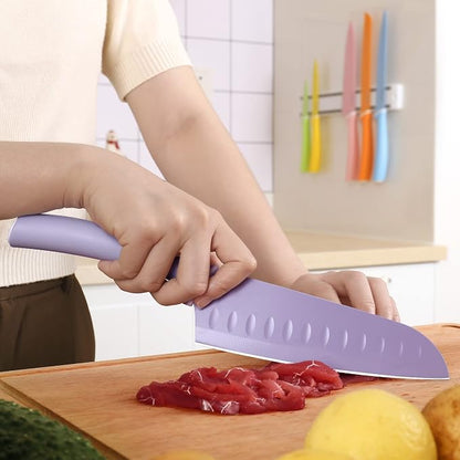 hecef Colorful Knife Set, 6 Pieces with Covers, Dishwasher Safe, Stainless Steel Colour Coded Non-Stick Cooking Knives Including Paring, Utility, Bread, Carving