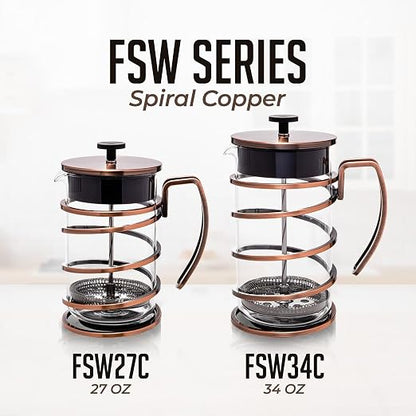 OVENTE French Press Coffee Maker 34 Ounce with Heat Resistant Borosilicate Glass, Stainless Steel Design and 4-Level Filter System, Portable Cold Brewer Pot for Travel, Camping or Gift, Copper FSW34C