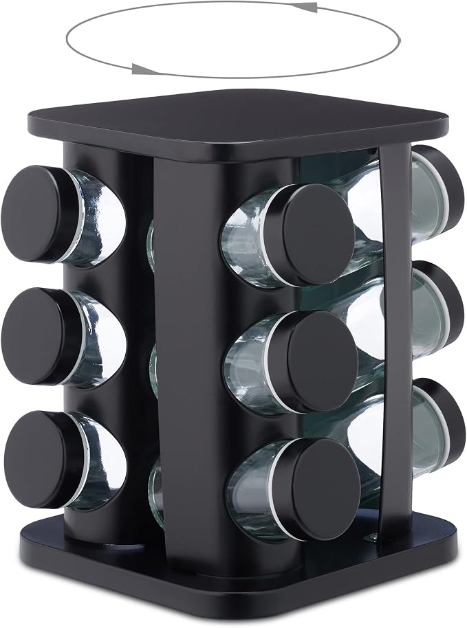 Relaxdays Spice Rack with 12 Spice Jars Refillable with Shaker Insert Rotating Spice Carousel Stainless Steel Black