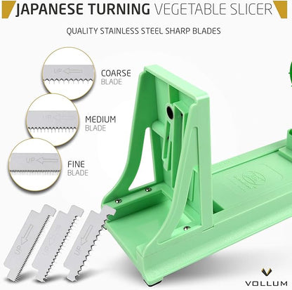 Vollum Japanese Turning Vegetable Spiralizer, Veggie Spiralizer For Fresh Zucchini, Squash, Butternut Squash with 1 Straight-Edged Blade and 3 Serrated Blades Multiple