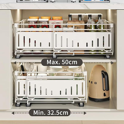 Expandable Pull Out Cabinet Organiser, No Drill Adhesive Slide Out Kitchen Drawer Shelf Durable Metal for Under Sink, Cupboard, Pantry, Adjustable Width (12.8"-19.7") (Style A Black, 1 Pack)