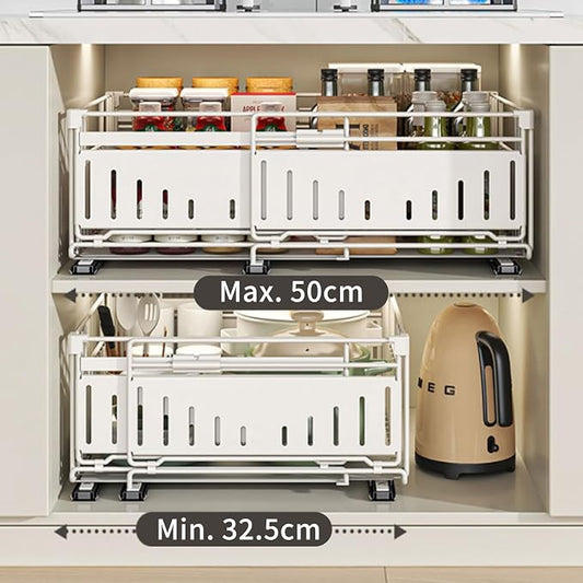 Expandable Pull Out Cabinet Organiser, No Drill Adhesive Slide Out Kitchen Drawer Shelf Durable Metal for Under Sink, Cupboard, Pantry, Adjustable Width (12.8"-19.7") (Style A White, 2 Pack)
