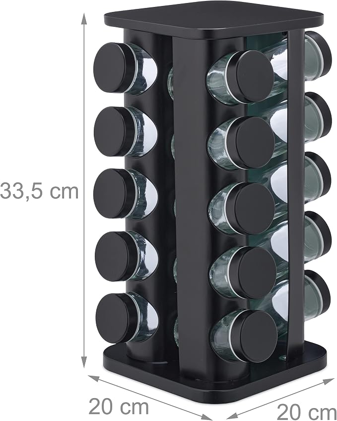 Relaxdays Spice Rack, 20 Glass Jars, Rotatable, Stainless Steel, H x D: Approx. 33.5 x 20 cm, Black