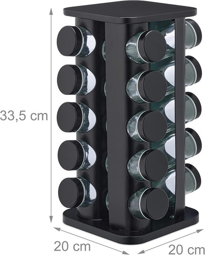 Relaxdays Spice Rack, 20 Glass Jars, Rotatable, Stainless Steel, H x D: Approx. 33.5 x 20 cm, Black