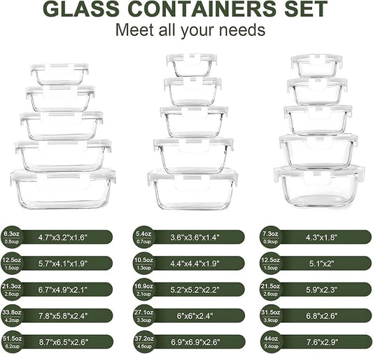KOMUEE 30 Pieces Glass Food Storage Containers Set, Glass Meal Prep Containers Set with Snap Locking Lids, Airtight Glass lunch Containers, Microwave, Oven, Freezer & Dishwasher,White