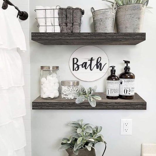 QEEIG Floating Shelves for Wall 23.6" Long - Wall Mounted Shelf Bathroom Kitchen Living Room Bedroom Farmhouse Home Decor Display Bookshelf Large 23.6 x 9.3 inch Set of 2, Grey (008-60GY)