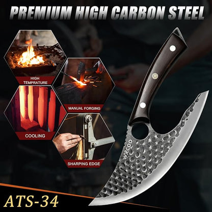 Ulu Knife with Sheath - Ultimate - Hand Forged Caveman Ultimo Knife with Full Tang Ergonomic Wooden Handle & Copper Inlay - BBQ Knives for Vegetables, Fruit, Pizza, and Outdoor Adventures