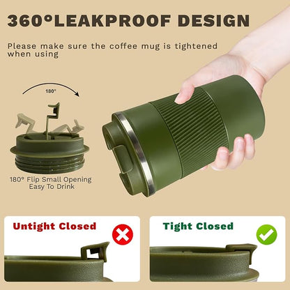 SPLMIFA Vacuum-Insulated Stainless Steel Travel Coffee Mug, Leak-Proof Reusable Coffee Cup with Lid - Keep Hot & Cold Drinks for Hours, Durable Insulated Tumbler for Men & Women(3rd-Green, 12OZ)