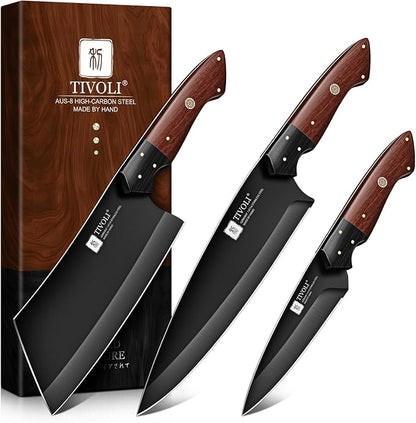 TIVOLI Kitchen Knife Set 3pcs - Chef Knife Set with Full Tang Wooden Handle - Cleaver, Chef, Kitchen Utility Knives for Meat, Vegetables and Fruit - Cooking Gifts for Men and Women