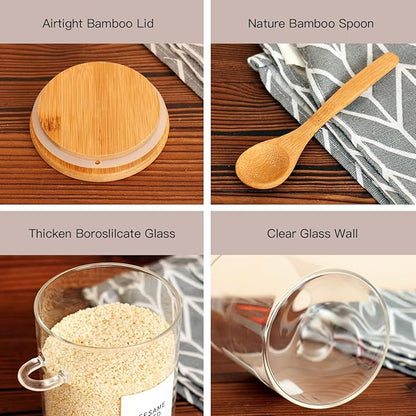 HHMJSM 6 Pcs Glass Jar with Bamboo Lid and Spoon - 17 oz Large Sugar Container with 148 Kitchen Pantry Spice Jar Labels Preprinted - Glass Containers with Wooden Lids Hold Coffee, Tea, Candy