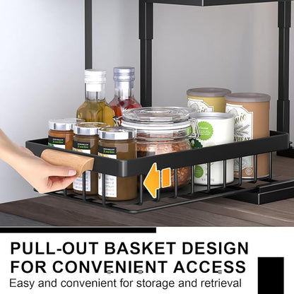 2-Tier Sliding Under Sink Organizer, L-shape Pull Out Cabinet Organizers, Multi-purpose Sink Storage Shelves, Metal Mesh Drawer Organizer for Bathroom Kitchen (Black, Pull-Up & Down Style)