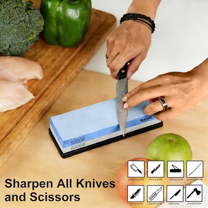 Premium Knife Sharpening Stone Whetstone 1000/6000 with 2 Non-Slip Rubber Bases, Safety and Anti-Slip Suitable for All Kinds of Knives