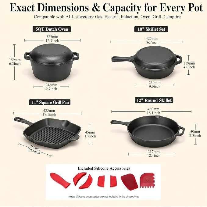 QuliMetal 6 Piece Cast Iron Cookware Set with Dutch Oven | Includes 11 in grill pan, 12 in skillet, 5QT Dutch oven, 3.2QT Dutch oven and 1.6QT skillet lid for home cooking.