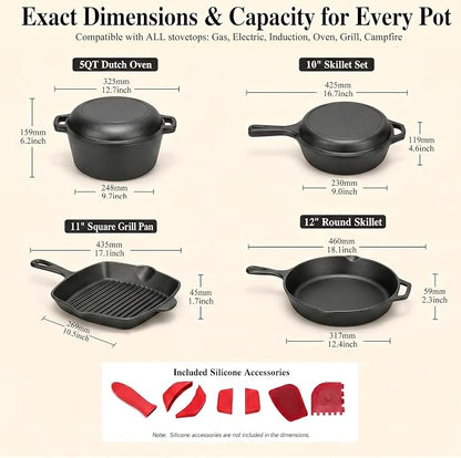 QuliMetal 6 Piece Cast Iron Cookware Set with Dutch Oven | Includes 11 in grill pan, 12 in skillet, 5QT Dutch oven, 3.2QT Dutch oven and 1.6QT skillet lid for home cooking.