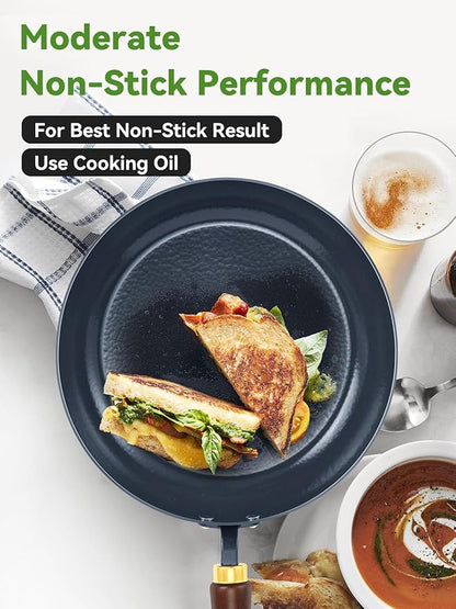11" Enameled Carbon Steel Skillet, Nonstick Frying Pan with Stay-Cool Wooden Handle, Season-Free Stir-Fry Pan, Non-Toxic PTFE & PFOA Free Cookware, Oven-Safe & All Stovetops Compatible