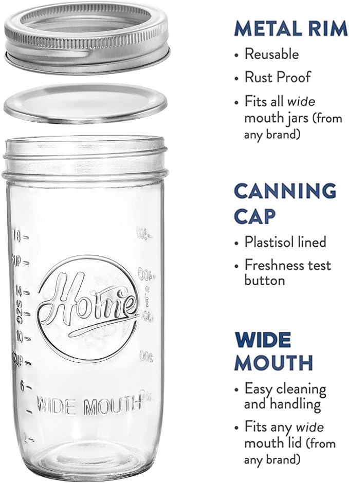 Tebery 6 Pack Wide Mouth Home Glass Mason Jars with Airtight Lids and Bands, 24-Ounce Canning Glass Jars for Canning, Fermenting, Pickling, Meal Prep, Overnight Oats, Jam, Jelly