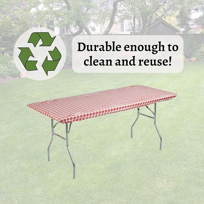 Kwik-Covers 8' Rectangle Plastic Table Covers 30" x 96", Bundle of 5 (Red Gingham)