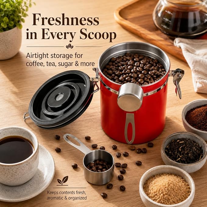 Mixpresso 16 Oz Red Coffee Canister, Stainless Steel Airtight Coffee Container, Air tight Jar Tea Storage with Date Tracker, Vacuum Sealed Espresso Airtight Canister, Sugar Container for Home