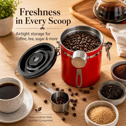 Mixpresso 16 Oz Red Coffee Canister, Stainless Steel Airtight Coffee Container, Air tight Jar Tea Storage with Date Tracker, Vacuum Sealed Espresso Airtight Canister, Sugar Container for Home