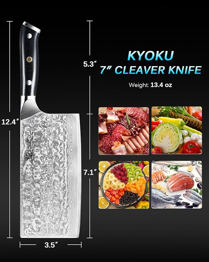 KYOKU 7" Japanese Damascus Meat Cleaver Chopping Knife,UPGRADED Chinese Vegetable Slicing Cutter with Silver Ion Coating,Sharp VG10 Asian Kitchen Cooking Cutting Chef Knife for Professional Home Chefs