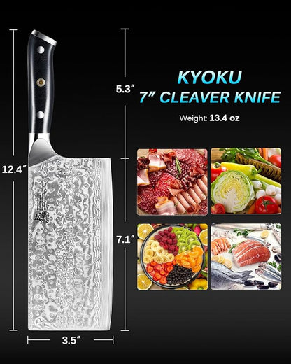 KYOKU 7" Japanese Damascus Meat Cleaver Chopping Knife,UPGRADED Chinese Vegetable Slicing Cutter with Silver Ion Coating,Sharp VG10 Asian Kitchen Cooking Cutting Chef Knife for Professional Home Chefs