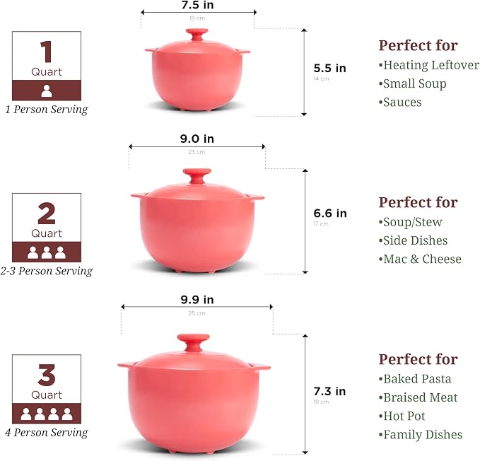 MINH LONG 2-Qt Porcelain Dutch Oven with Lid – Lead & Cadmium Free, Oven Safe to 482°F, Heat Retention, Clay Pot for Cooking on Gas & Infrared Cooktop, Use to Marinate, Cook, Bake, Refrigerate & Serve