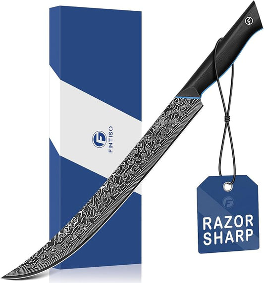 FINTISO Carving Brisket Knife 11.6 Inch, 67-Layer Damascus Steel Breaking Knife with Curved Blade, Slicing and Butcher Knives for Meat Cutting with Ergonomic G10 Handle - Zeus Series