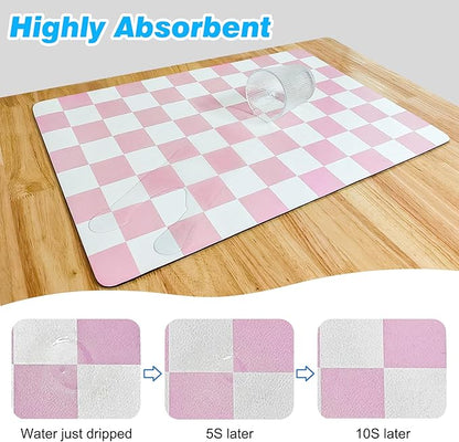 CooRug Checkered Dish Drying Mat for Kitchen Counter, Absorbent Non-Slip Coffee Mat, Heat Resistant Mat for Countertops Coffee Bar Decor 12" x 20" Pink