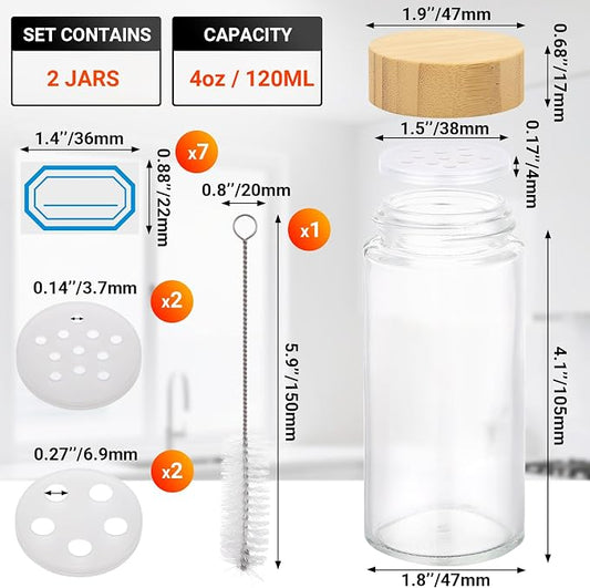 Segarty 4oz Spice Jars with Bamboo Shaker Lids, 2 PCS 120ml Round Condiment Containers, Empty Glass Seasoning Organizer for Spices Herb Cereal Storage, Salt and Pepper Shakers with 7 Stickers, 1 Brush