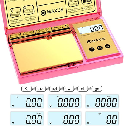 MAXUS Digital Gram Scale with 200g x 0.01g Capacity, Stylish Pink Plated Shining Cover and Platform, Mini Pocket Scale for Food and Jewelry