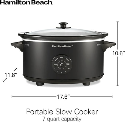 Hamilton Beach 7 Quart Set & Forget Portable Programmable Slow Cooker, 15 Cooking Options With 5 Time and 3 Heat Options, Large Dishwasher Safe Stoneware Crock and Glass, Lid Latch, Black (33670)