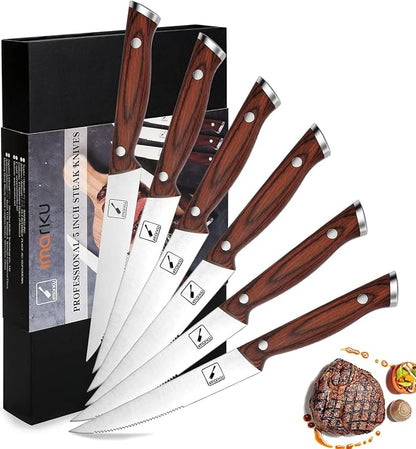 imarku 9" Steak Knife Set of 6, Japanese High Carbon Stainless Steel, Serrated Edge Glides Through Steak, No Sharpening, For 6 Guests, Complements Any Table