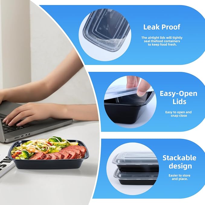 38oz Rectangular Meal Prep Containers, Black, Reusable, BPA-Free