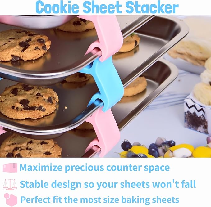 Baking Sheet Stacker, Pack of 16, Tray Stackers Stacking Holder Rack Kitchenwares Tray Stacker for Freeze Dryer Trays Kitchen Picnic BBQ (16, Pink + Blue)