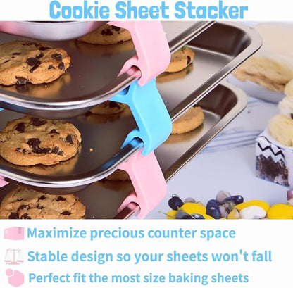 Baking Sheet Stacker, Pack of 16, Tray Stackers Stacking Holder Rack Kitchenwares Tray Stacker for Freeze Dryer Trays Kitchen Picnic BBQ (16, Pink + Blue)