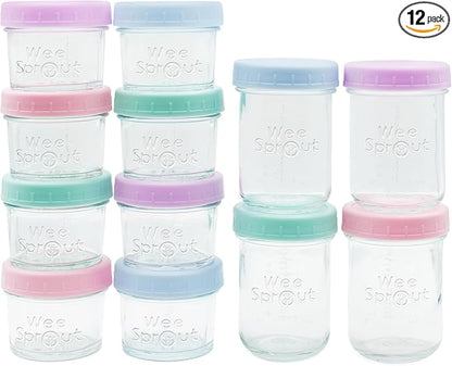 WeeSprout Baby Food Storage Glass Jars w/Lids (4/8 oz, 12 Pack) Pastel Variety, Snack, Reusable Small Containers, Fridge or Freezer, Microwave & Dishwasher Safe, Essentials for Infants