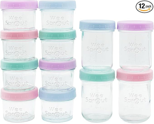 WeeSprout Baby Food Storage Glass Jars w/Lids (4/8 oz, 12 Pack) Pastel Variety, Snack, Reusable Small Containers, Fridge or Freezer, Microwave & Dishwasher Safe, Essentials for Infants