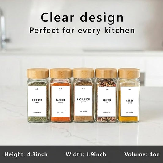 Deco haus Glass Spice Jars with Label 36x4oz [WHITE LABELS incl] Spice Containers with Labels, Shaker Lids & Funnel - Empty Herb Seasoning Containers, Small Seasoning Bottles for Herb with Lid