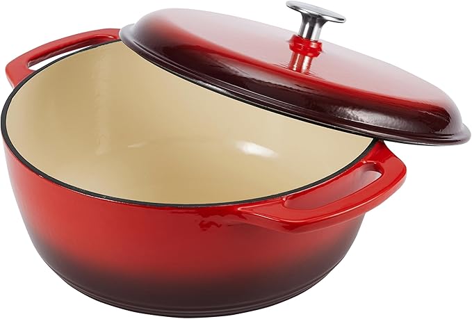 Amazon Basics Enameled Cast Iron Dutch Oven Pot with Lid, Round, Dual Handles, Heavy-Duty, Oven Safe for Stews, Roasting, Baking, 7.3-Quart, Red