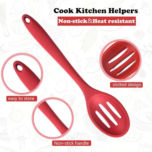 Linwnil 4 Pieces Silicone Slotted Spoons,10.6 Inch Nonstick Mixing Serving Spoons for Kitchen Cooking Bake Stir Draining Tool (4, Red)