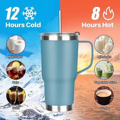 20 oz Tumbler with Handle, Stainless Steel Insulated Tumbler with Lid and Straw, Double Wall Vacuum Coffee Mug Tumbler, Insulated Coffee Thermal Cup for Cold and Hot (Maya Blue)
