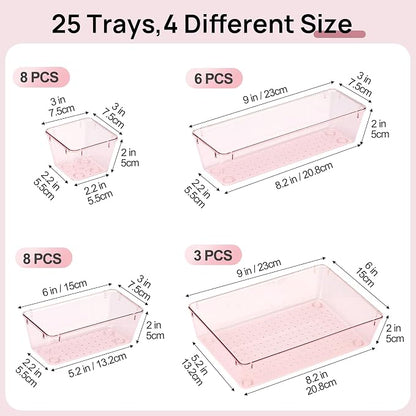 Vtopmart 25 PCS Plastic Drawer Organizers Set, 4-Size Versatile Bathroom and Vanity Drawer Organizer Trays, Storage Bins for Makeup, Bedroom, Kitchen Gadgets Utensils and Office
