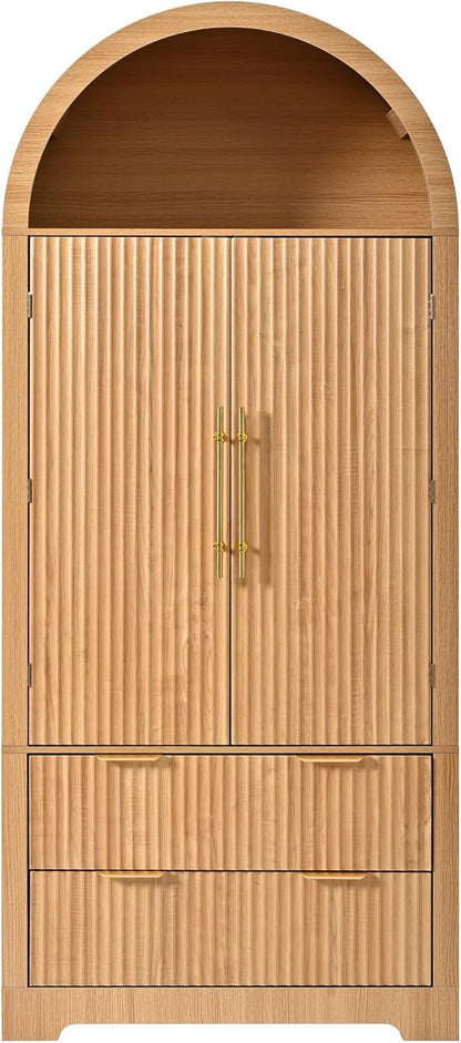 72" Tall Arched Kitchen Pantry Cabinet with 2 Drawers, Mid Century Modern Fluted Storage Cabinet with 8 Adjustable Door Shelves, Wooden Cupboard Organizer for Kitchens, Living Room (Natural-6.3)