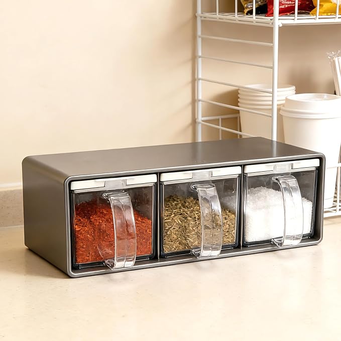 3 Grids Seasoning Organizer Box, Stainless Steel Spice Containers with Lid and Spoon, Storage Rack for Salt, Sugar, Pepper, Spices, Suitable for Home Kitchen and Cafe Use