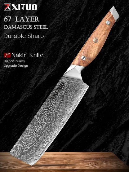 Damascus Steel 7-Inch Nakiri Knife with Olive Wood Handle - Sharp Precision Kitchen Knife for Professional & Home Chefs