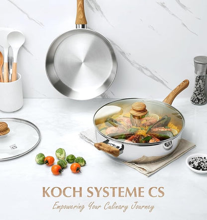 KOCH SYSTEME CS 12 Inch Stainless Steel Saute Pan with Lid, 6 Quart Deep Frying Pan, 18/10 Stainless Steel Saute Pan with Cool-Touch Bakelite Handle, Deep Fry Pan, Induction Ready